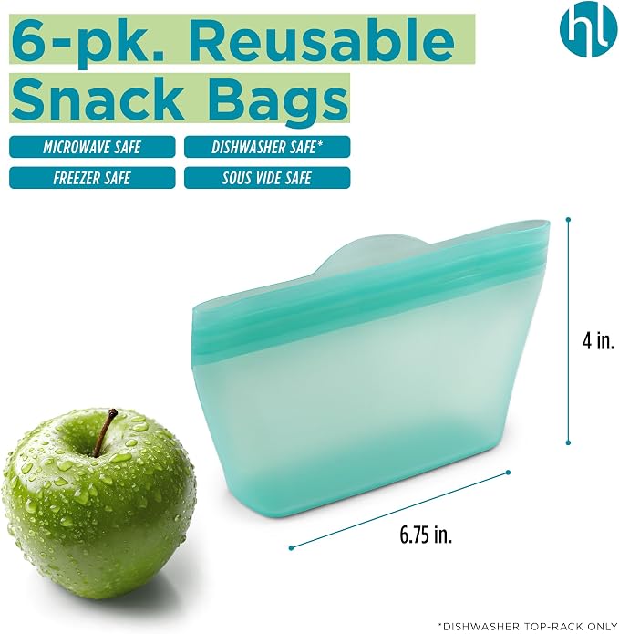 Home Logic Reusable Snack Bags - Set of 6 Pool Blue Silicone Freezer Bags, Airtight Leak Resistant Reusable Zip Bags for Kitchen Home Food Prep, Microwave & Sous Vide Safe