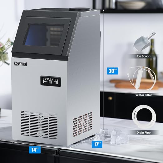 ROVSUN Commercial Ice Maker 150lbs/24h Automatic Built-in Stainless Steel Under Counter/Freestanding Ice Machine for Restaurant Bar with 24lbs Storage, Connection Hoses & Ice Scoop