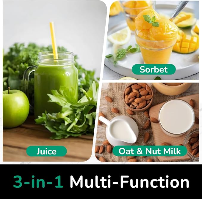 Canoly 3-in-1 Cold Press Juicer C16, Makes Juice & Sorbet & Nut Milk | 6" Extra Wide Feed Chute, Powerful AC Brushless Motor, Self Precut System, Juicer Machines with BPA-Free (Pearl White)