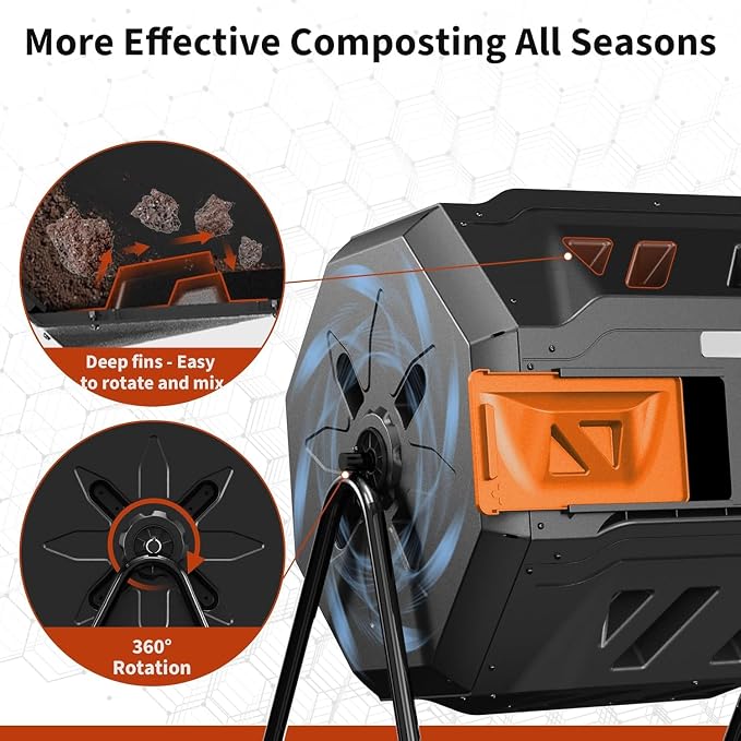 Compost Bin, 43-Gal Dual Chamber Composter Tumbler, Black Orange | Steel Frame with 2 Sliding Door and Aeration System, 360° Rotating, Tumbling Composting Bin for Kitchen, Garden, Yard