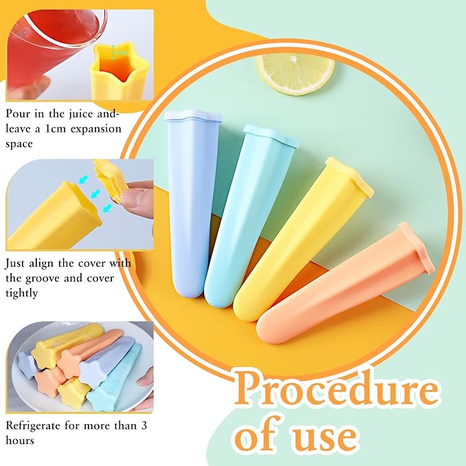 Silicone Ice Pop Molds Popsicles Molds, 8 PCS Reusable Hand Held Popsicles Makers for Kids, Multicolored Star Shaped Ice Pop Molds with Attached Lid for DIY Ice Cream Yogurt Sticks Jelly Chocolate