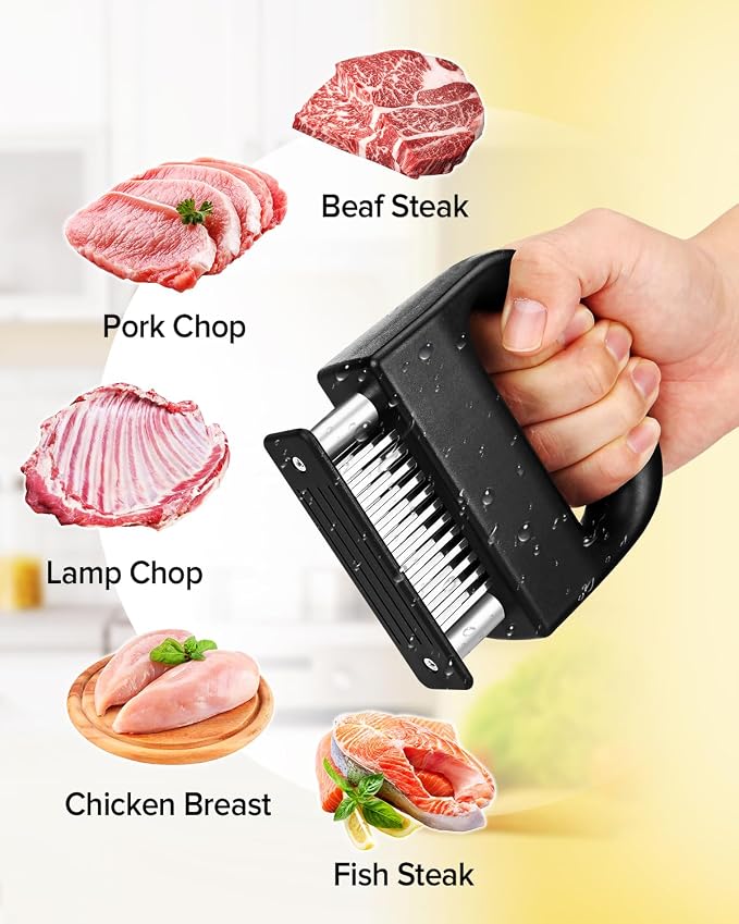 Meat Tenderizer Tool with 48 Stainless Steel Ultra Sharp Blades | Stapler Design, Handheld, Meat Mallet Tenderizer Machine, Tenderizing Steak, Beef, Pork, Turkey, Fish, Poultry, Black