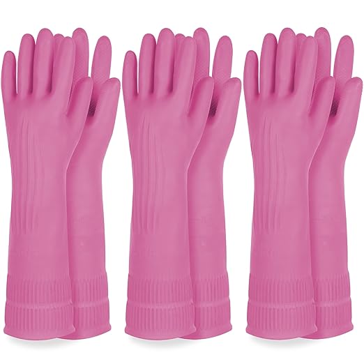 DABOGOSA Mamison 2 Pairs Reusable Waterproof Household Dishwashing Cleaning Rubber Gloves, Non-Slip Kitchen Glove (Pink, Large (Pack of 3))