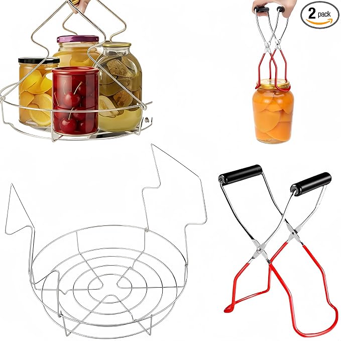 Stainless Steel Canning Rack with Jar Lifter Tongs, 12 Inch, 2-Piece Set | Heavy-duty canning basket separates mason jars for even water flow; fits water bath and pressure canners plus stock pots.