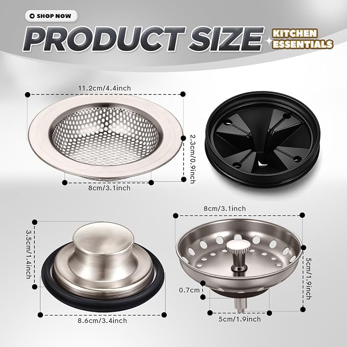 4 Pcs Brushed Silver Kitchen Sink Accessories Garbage Disposal Splash Guards 3.4'' Sink Drain Strainer and Stopper Stainless Steel Garbage Disposal Plug for Kitchen Drain Strainer