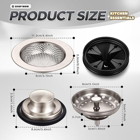 4 Pcs Brushed Silver Kitchen Sink Accessories Garbage Disposal Splash Guards 3.4'' Sink Drain Strainer and Stopper Stainless Steel Garbage Disposal Plug for Kitchen Drain Strainer