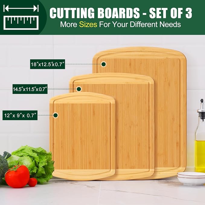 Homaxy Bamboo Cutting Boards for Kitchen Set of 3, Two-Tone | Wood Cutting Board with Juice Groove, Butcher Block Chopping Board for Kitchen, Meat, Fruit & Vegetables, Pre Oiled