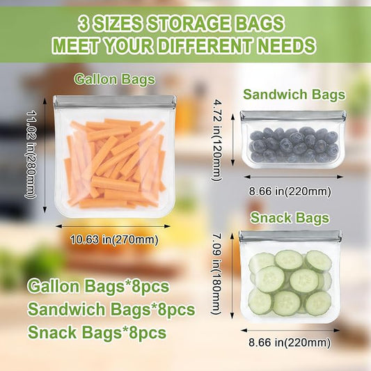 24 Pack Silicone Bags for Food Storage,Reusable Silicone Food Storage Bags,Freezer, Microwave & Dishwasher Safe,Reusable Freezer Food Bags, Leakproof-8 Gallon 8 Snack 8 Sandwich Bags,Grey