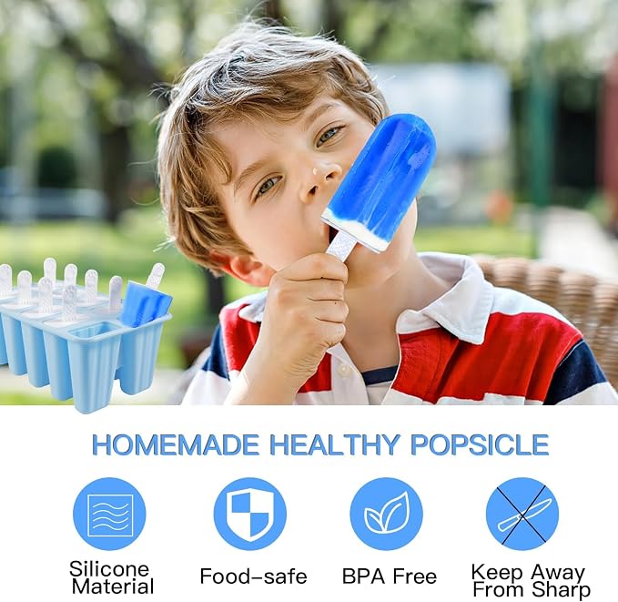 Popsicle Molds, 10 Pieces Silicone Popsicle Molds with Sticks BPA Free Ice Pop Molds Reusable Easy Release Ice Popsicle Maker, Blue