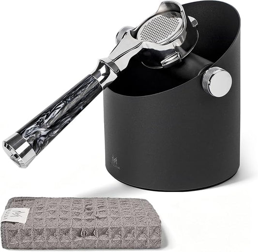 Espresso Knock Box Large Capacity - 15 Pucks Coffee Knock Box with Barista Towels, Removable Knock Bar & Non-Slip Base, Anti-Splash Steel Coffee Puck Bin for Home, Espresso Accessories, Black