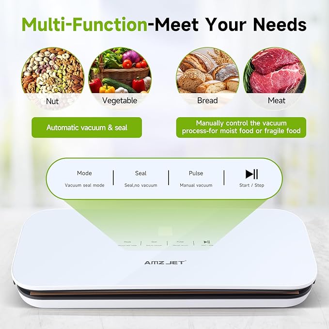 Vacuum Sealer for Food - Tempered Glass Panel, LED Touch Control, Digital Display, Pulse/Moist/Dry/Seal/External Suction Modes, Includes 30 Vacuum Bags & Built-in Cutter(White)