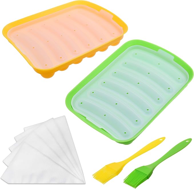 Kare & Kind 2x Silicone Sausage Molds - Non-Stick Flexible Hotdog Maker - 6-Cavity Baking Cooking Steaming Container - DIY Homemade Sausages - Includes 2x Silicone Mini Brushes and 20x Pastry Bags