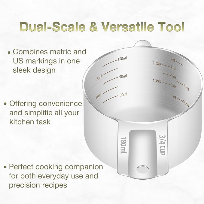 1PCS 3/4Cup (180ml, 6oz) Single Measuring Cup, Etched Inner Scale Stainless Steel Measure Scoop, Metric and US Measurement, Dishwasher Safe