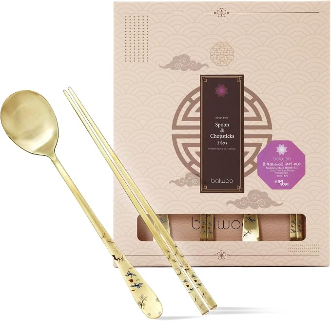 [2 Sets] [Made in Korea] Crane Painting Design Korean Table Sticky Rice Spoon and Chopsticks 304 Stainless Steel Gold Titanium Plated Mukbang Cutlery