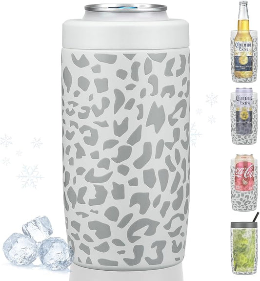 4-in-1 Slim Can Cooler Easy to Hold Insulated Beer Can Holder Double-walled Stainless Steel for All 12 Oz Cans Gift (White Leopard)