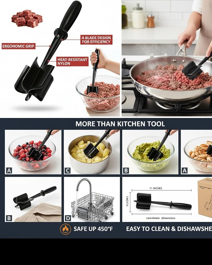 Hamburger Chopper,Meat Chopper,Potato Masher, Premium Heat Resistant Meat Masher for Ground Beef, Ground Turkey and More, Safe For Non-Stick Cookware