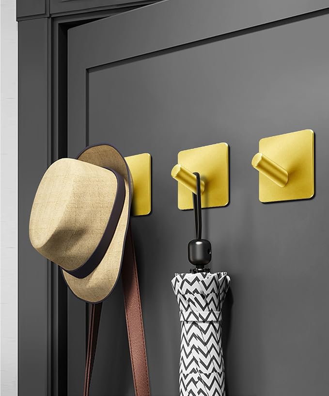 xdgeLoad Heavy Duty Adhesive Hooks, Bath Towel Hooks 8 Pack, Adhesive Wall Hooks for Bathrooms/Coat/Robe/Kitchen, Non-Punching self-Adhesive Hooks, Matte Stainless Steel Gold