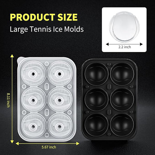 6 Chamber 2.2" 3D Tennis Gifts Ice Cube Tray With Funnel,Large Round Ice Ball Maker Mold Silicone Fun Shapes Bourbon Sphere Ice Molds,For Chilling Whiskey,Cocktails,Bourbon,Brandy and Beverages