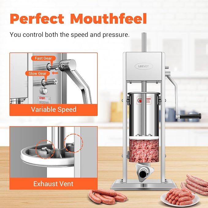 15LBS/7L Manual Sausage Stuffer, Professional Stainless Steel Sausages Maker & Filler Kit with 2 Speed, 5 Stuffing Tubes, Vertical Meat Stuffers for Home Kitchen, Commercial Use