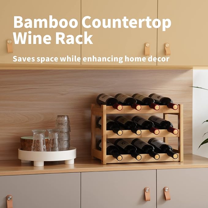 VASMIA Bamboo Wine Rack, Sturdy and Durable Wine Storage Cabinet Shelf, Wine Racks Countertop for Pantry,Kitchen,3-Tier 12 Bottles Wine Rack Natural