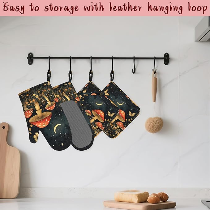 Magic Mushroom Heat-Resistant Silicone Oven Mitts and Pot Holders,Butterfly Moon Long Oven Gloves with Non-Slip Grip for Cooking, Baking, Grilling,BBQ