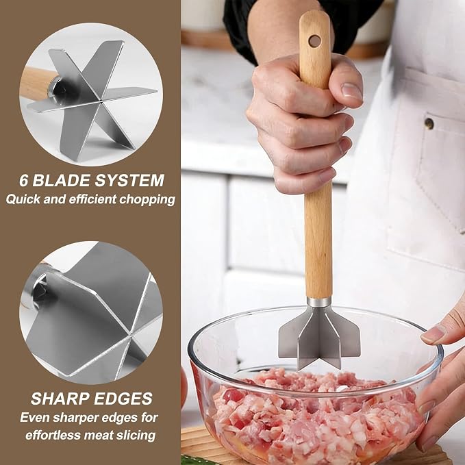 304 Stainless Steel Meat Chopper Wooden Meat Chopper 6 Curve Blades Meat Masher Ground Beef Chopper Tool 11 Inch Metal Meat Masher for Making Ground meat, Mashed potatoes, Jam