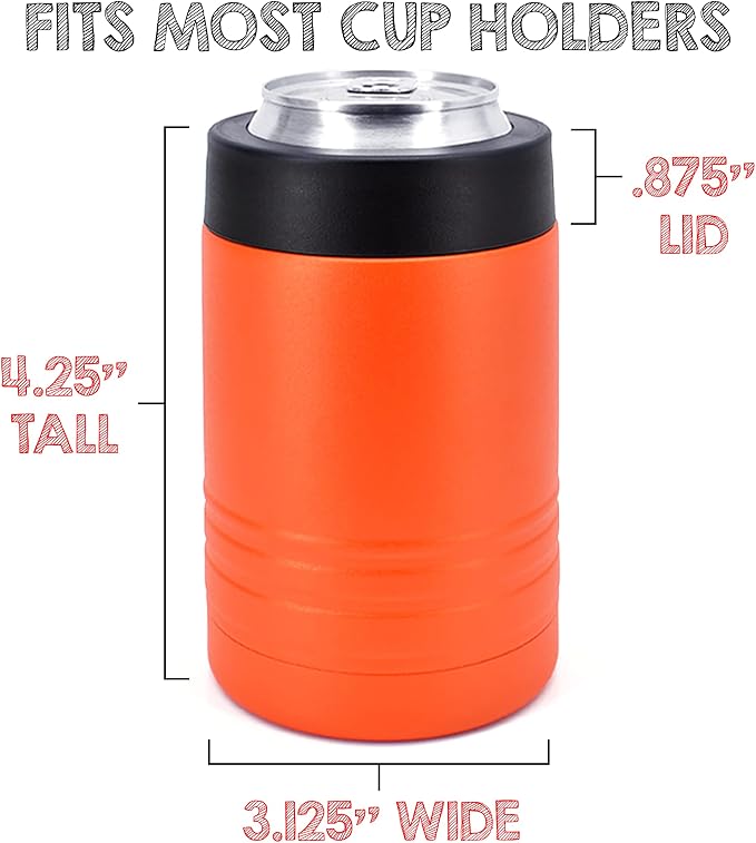 4-in-1 Stainless Steel 12 oz Double Wall Vacuum Insulated Can or Bottle Cooler Keeps Beverage Cold for Hours - Also Fits 16 oz Cans - Powder Coated Orange - Clear Water Home Goods
