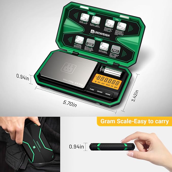 UNIWEIGH Digital Pocket Scale Precision 200g/0.01g Scale Grams Ounces | Mini Jewelry Scale, Coins Scale with 50g Cal Weights for Gold/Silver/Gems/Food,(Battery Included)-Green