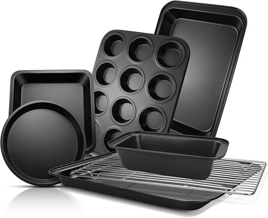 EWFEN Bakeware Sets, Baking Pans Set, Nonstick Oven Pan for Kitchen with Wider Grips, 7-Piece with Round/Square Cake Pan, Loaf Pan, Muffin Pan, Cookie Sheet, Roast Pan, Cooling Rack, Carbon Steel Bake