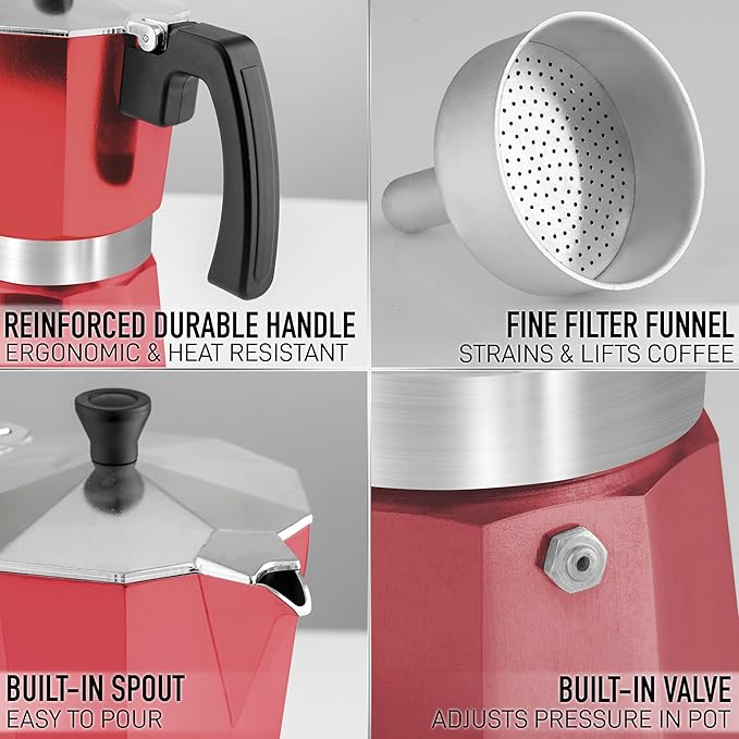 Zulay Moka Pot Espresso Stovetop Coffee Maker - Leak-Proof, Stainless Steel, Easy to Clean, Heat Resistant Handle & Knob - for Authentic Cuban & Italian Style Espresso - Makes 6 Espresso Cups - Red