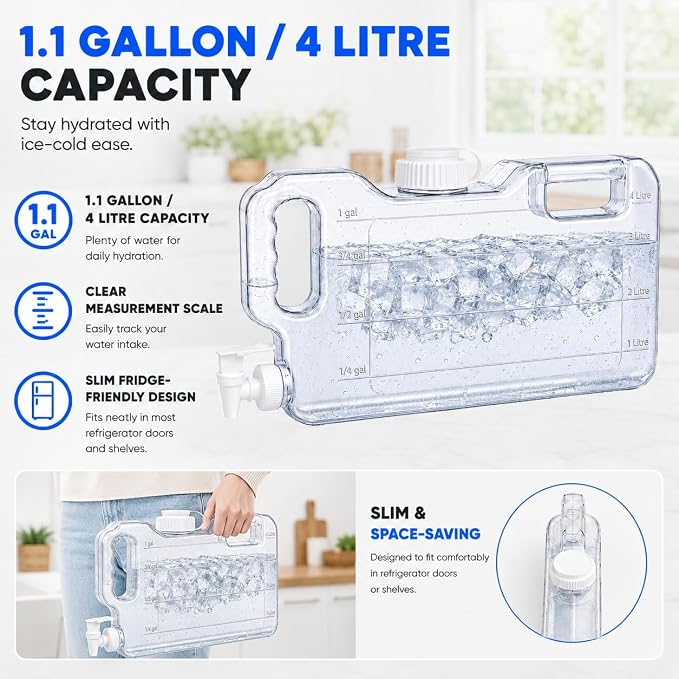 Fridge Water Dispenser with Leak-Proof Spigot, Reusable Refrigerator Drink Dispenser with Handle, Water Jug Beverage Container for Iced Tea, Juice, Lemonade, Party and Daily Use (1, 1.1 Gallon)