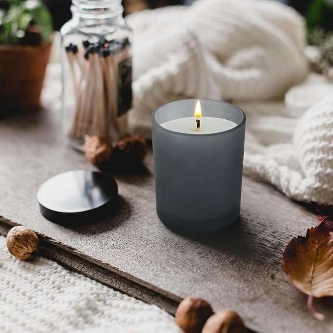 SHOWIN 14 OZ Thick Candle Jars for Making Candles 12 Pcs, 3 Wick Empty Jars with Wood Lids for Candle Making, Sample Container, Frosted Grey