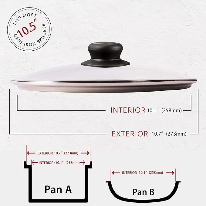 10.5 Inch Pan Lid, Universal Glass Cover for Pots, Skillets & Frying Pan | Clear, Cookware & bakeware lids, Stainless Steel Edging with Heat-resistant Handle