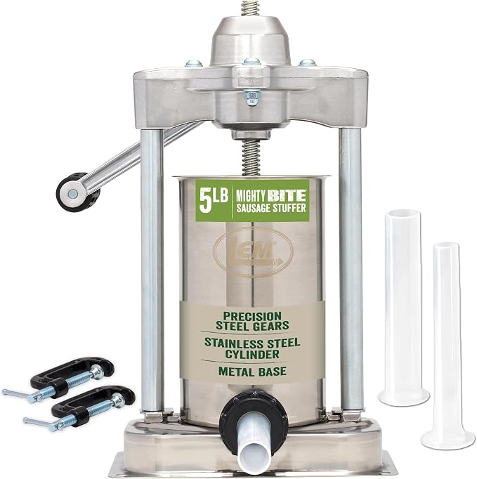 LEM Products MightyBite 5 lb Sausage Stuffer, Professional Design, Stainless Steel, Includes Clamps & Stuffing Tubes, Removable Cylinder, Air-Release Piston, Meat Stuffer Machine for Home Use