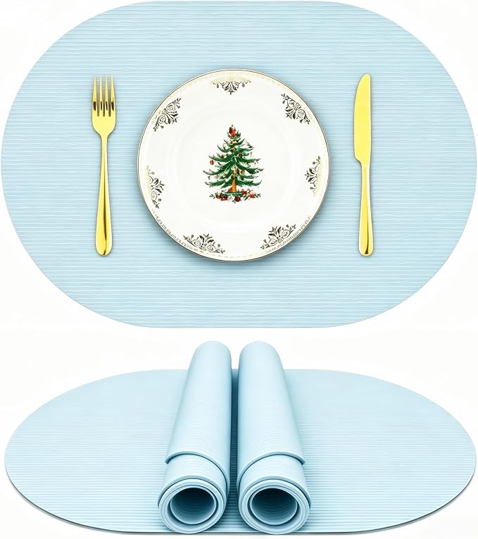 IYYI Silicone Placemats, Dining Placemats Set of 4, Waterproof Placemats for Kids, Heat Resistant Non-Slip Silicone Mats for Dinner Table, Dishwasher Safe (Light Blue, 17.7" ×12")