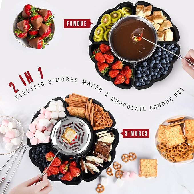 Electric S'mores Maker and Chocolate Fondue Set, Flameless Marshmallow Roaster with Adjustable Temperature, Stainless Steel Grill, Serving Tray and Roasting Forks