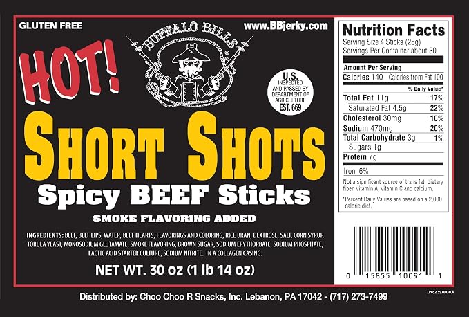 Buffalo Bills Hot Short Shots (120 hot and spicy 3.5” beef sticks per 30oz bag) | Gluten Free, Ideal For Road Trips, Officesnacks, Hiking, High Protein Snack, Made In The USA, 100% Us-Raised Beef, 120 Sticks