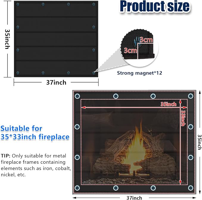 Magnetic Fireplace Blanket for Heat Loss Indoor Fireplace Covers Keep Drafts Out Stops Heat Loss Fireplace Draft Stopper with Built-in 12 Strong Magnet for Iron Fireplace Frame Fireplace Scree 35x37