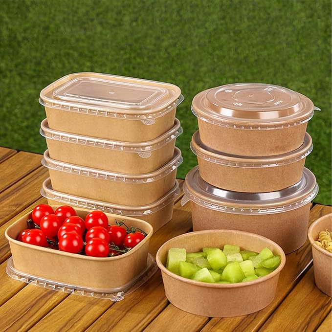 DI QIU REN 50-Pack 29oz Disposable Kraft Paper Bowls【with Lids and Forks】, Meal Prep Containers Disposable Large Paper Bowls Leakproof Take Out To Go Food Containers, Microwave Safe for Hot/Cold Food