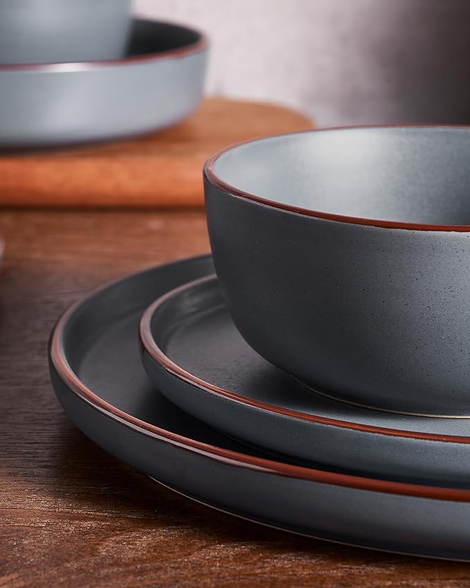 Famiware Mercury Plates and Bowls Sets, 18 Pieces Stoneware Dinnerware Sets, Dishes Set for 6, Microwave and Dishwasher Safe, Charcoal