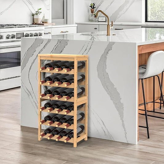 24 Botttle Wine Rack Freestanding Floor 6 Tier Bamboo Wine Rack Storage | 6 Tier Wine Rack Wine Storage Shelves for Kitchen Bar Dining Room Living Room Bamboo