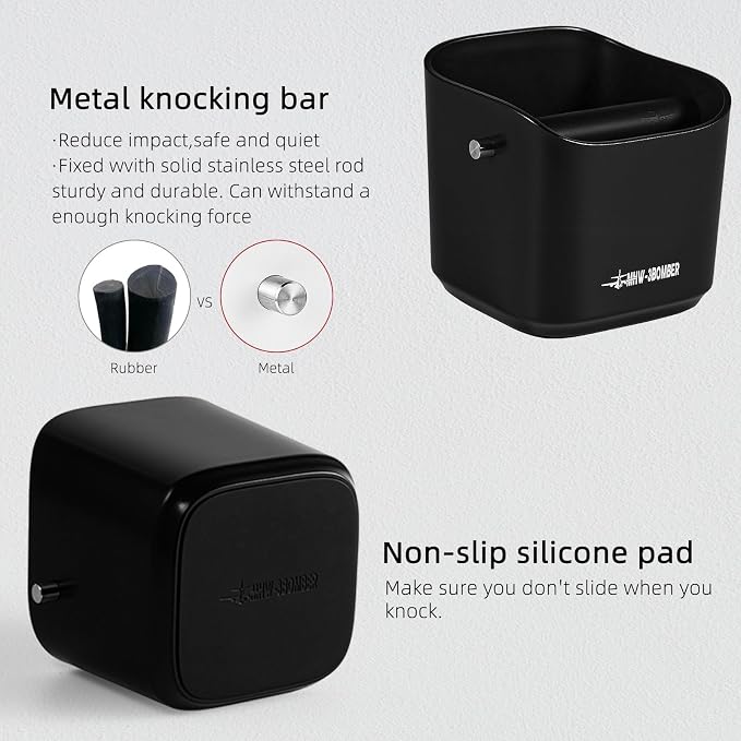 MHW-3BOMBER Espresso Knock Box, 1.2L(15 Cups) Coffee Knock Box with Removable Knock Bar and Anti-slip Pads for Espresso Puck, Coffee Ground, Durable Espresso Accessories, Black GB5967B