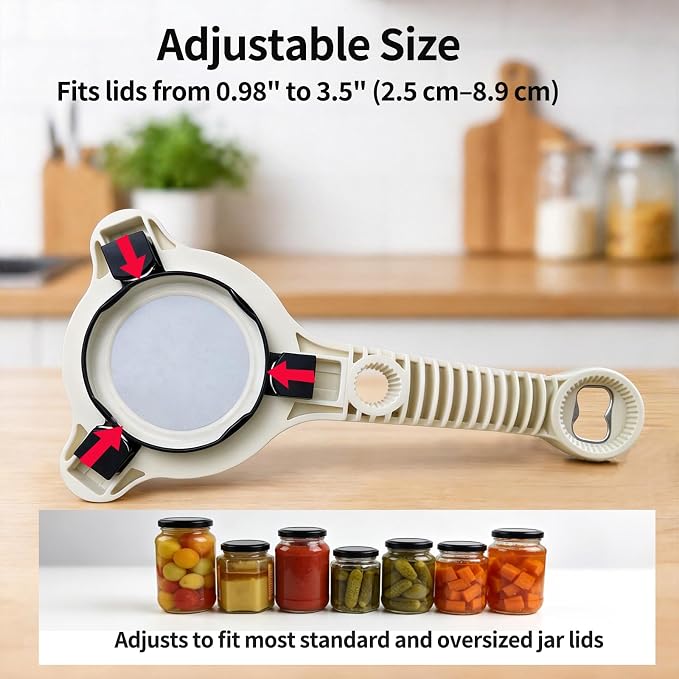 4-in-1 Jar Opener for Weak Hands, Seniors with Arthritis (Beige) | Multi-Purpose Lid Opener, Includes Magnetic Hook & Rubber Gripper, for Jars, Bottles and Beer Caps, Simple Twist-off