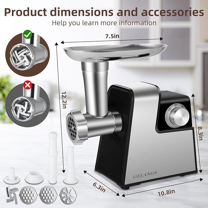 Electric Meat Grinder, 350W （MAX2800W）Heavy Duty Stainless Steel Food Grinder with Sausage Stuffer Tubes & Kubbe Kit, 3 Grinding Plates for Home Kitchen Use