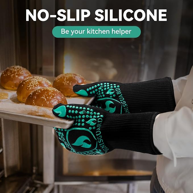 BBQ & Grill Gloves, Oven Gloves, 1472°F Silicone Oven Mitts Heat Resistant Grilling Gloves Fireproof Non-Slip for Barbecue Cooking Baking Smoking, 1-Pair (Green, Large)