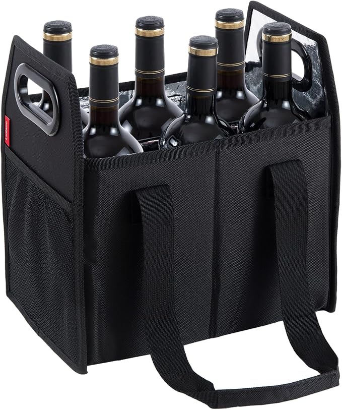 6 Bottle Wine Carrier Collapsible Reusable Portable Wine Bottle Carrier Case for Tote Bag Moving, Vacation Bottle Caddy Grocery Shopping Wine Tasting Accessory, Black