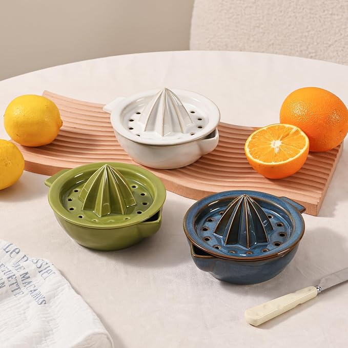 Ceramic Citrus Lemon Orange Juicer Manual Squeezer, Hand Juicer Reamer | Rotation Press with Strainer Lid, Spout, Handle, Dishwasher Safe, Easy to Clean