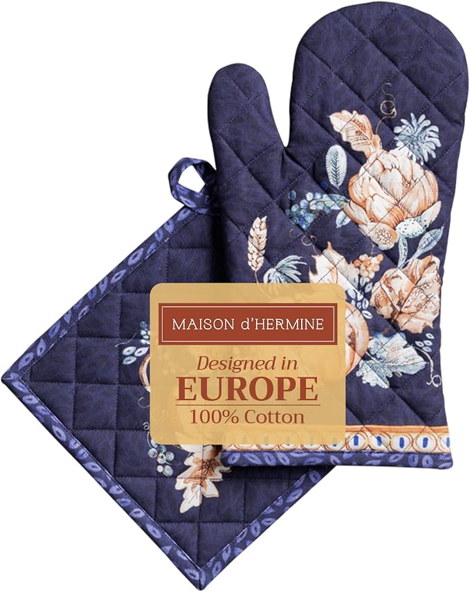 Maison d' Hermine 100% Cotton Oven Mitt & Pot Holder Set (7.5"x13" & 8"x8") | Heat Resistant BBQ Cooking Gloves with Loop Baking Grilling Kitchen Home Farmhouse Thanksgiving Christmas - Pumpkin Blues