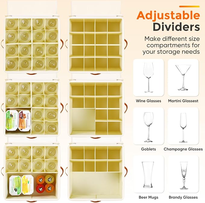 Foyego Wine Glass Storage Box, 2 Pack, Beige | 32 Adjustable Dividers, Hard Shell, Stackable China Storage Containers Holds Stemware, Glassware, Crystal for Packing&Moving