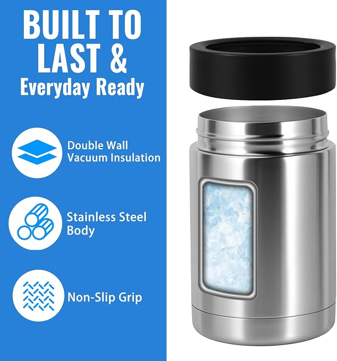 Can Cooler 12 OZ Beer Holder, Stainless Steel Beverage Can Insulator | Standard Size Cans Holder with Vacuum Insulated, Metal Koozie for Cans, Silvery